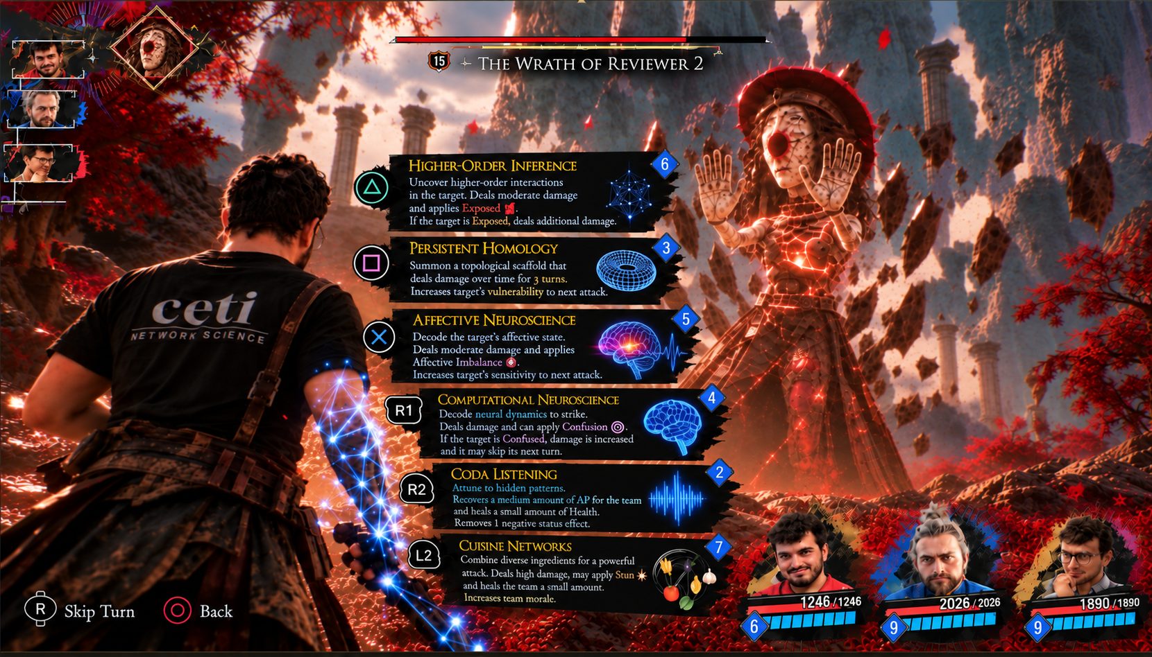 Battle scene in the style of a painterly role-playing game: the author, seen from behind, faces a boss called The Wrath of Reviewer 2 and picks from six research skills.