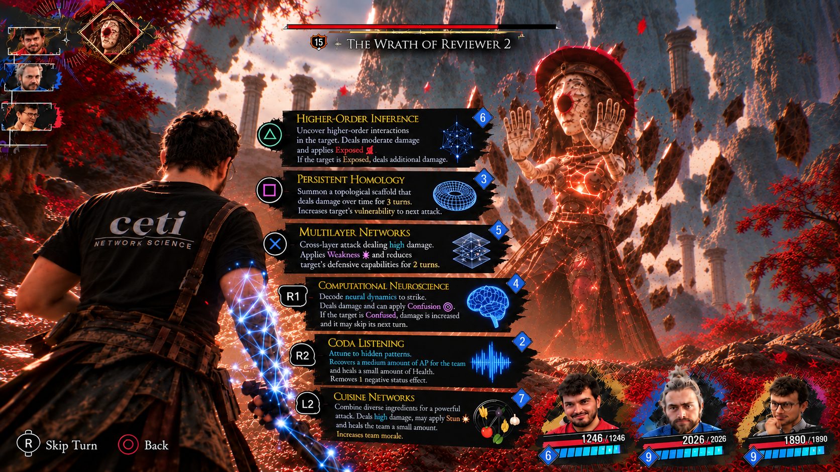 Battle scene in the style of a painterly role-playing game: the author, seen from behind, faces a boss called The Wrath of Reviewer 2 and picks from six research skills.