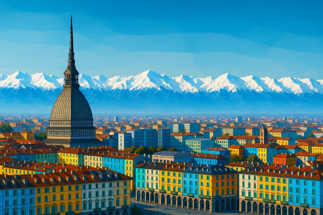 Low-poly view of Turin with the Mole Antonelliana and the Alps
